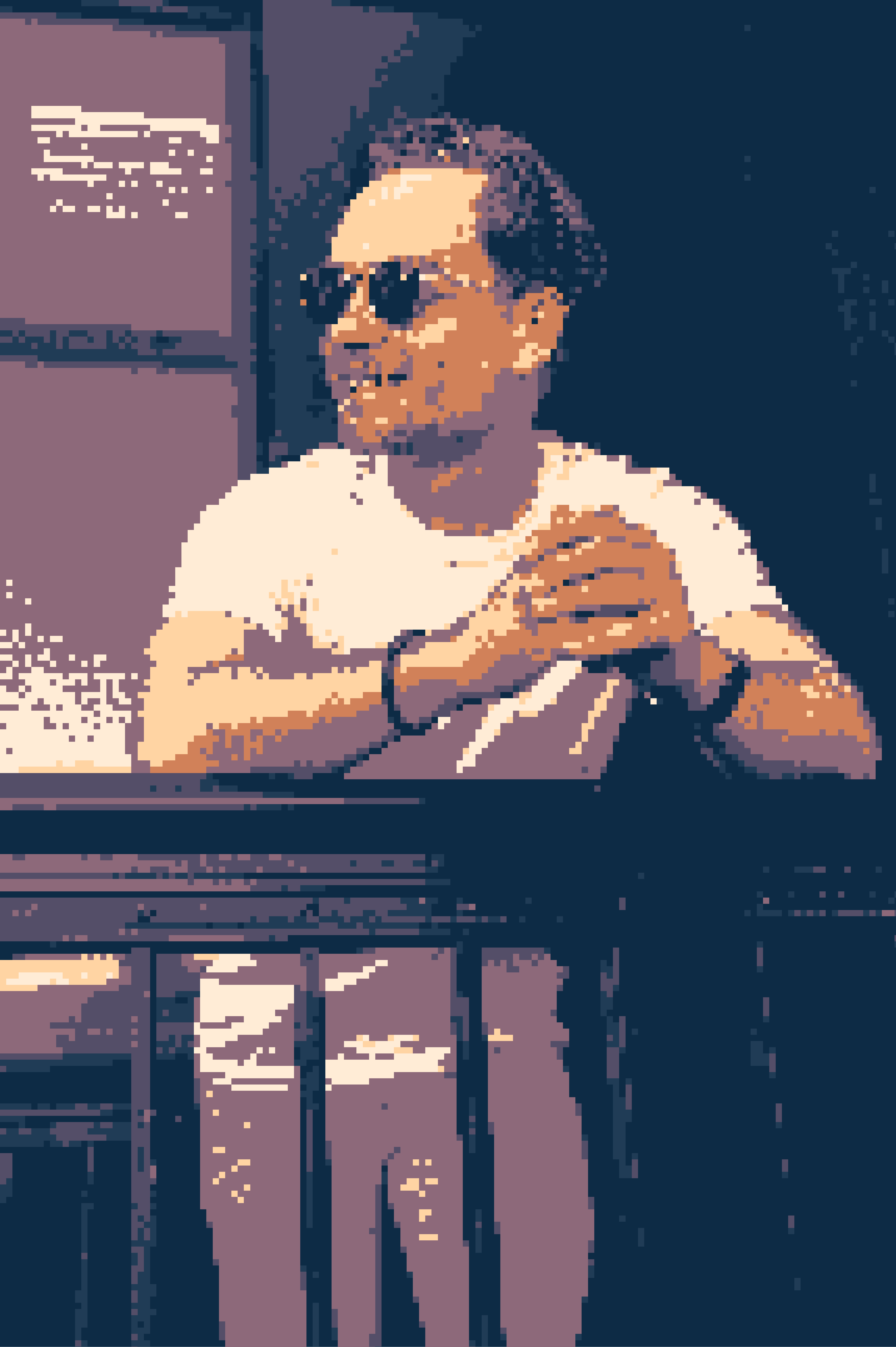 Picture of me with sunglasses, resting my arms on a ledge